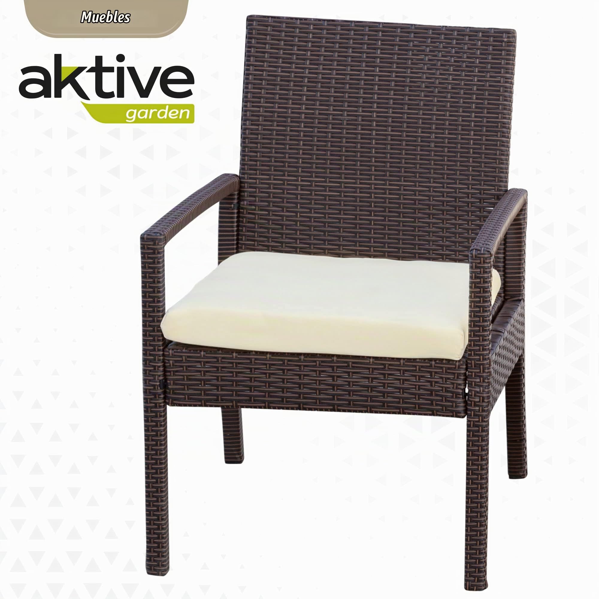 AKTIVE 61068 - Set muebles para jardín y terraza ratán, Muebles terraza exterior, incluye 2 sillones jardín exterior con cojín acolchado y 1 mesa terraza exterior, Conjunto jardín exterior, Oscuro