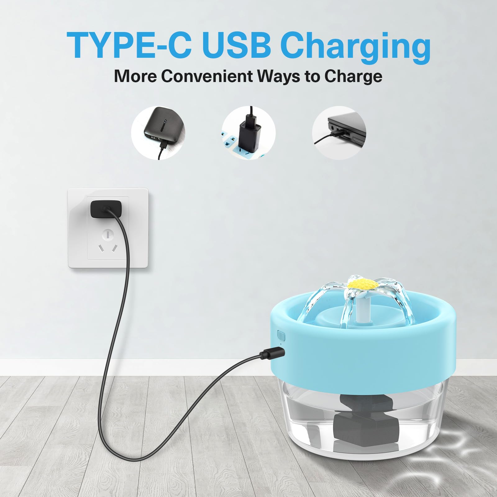 Jewyow Fontana per Gatti Senza Fili, 1 L Automatica Ultra Silenziosa, Alimentata a Batteria Con Rilevatore di Movimento, 1000 mAh, 25s, per Cani, Blu