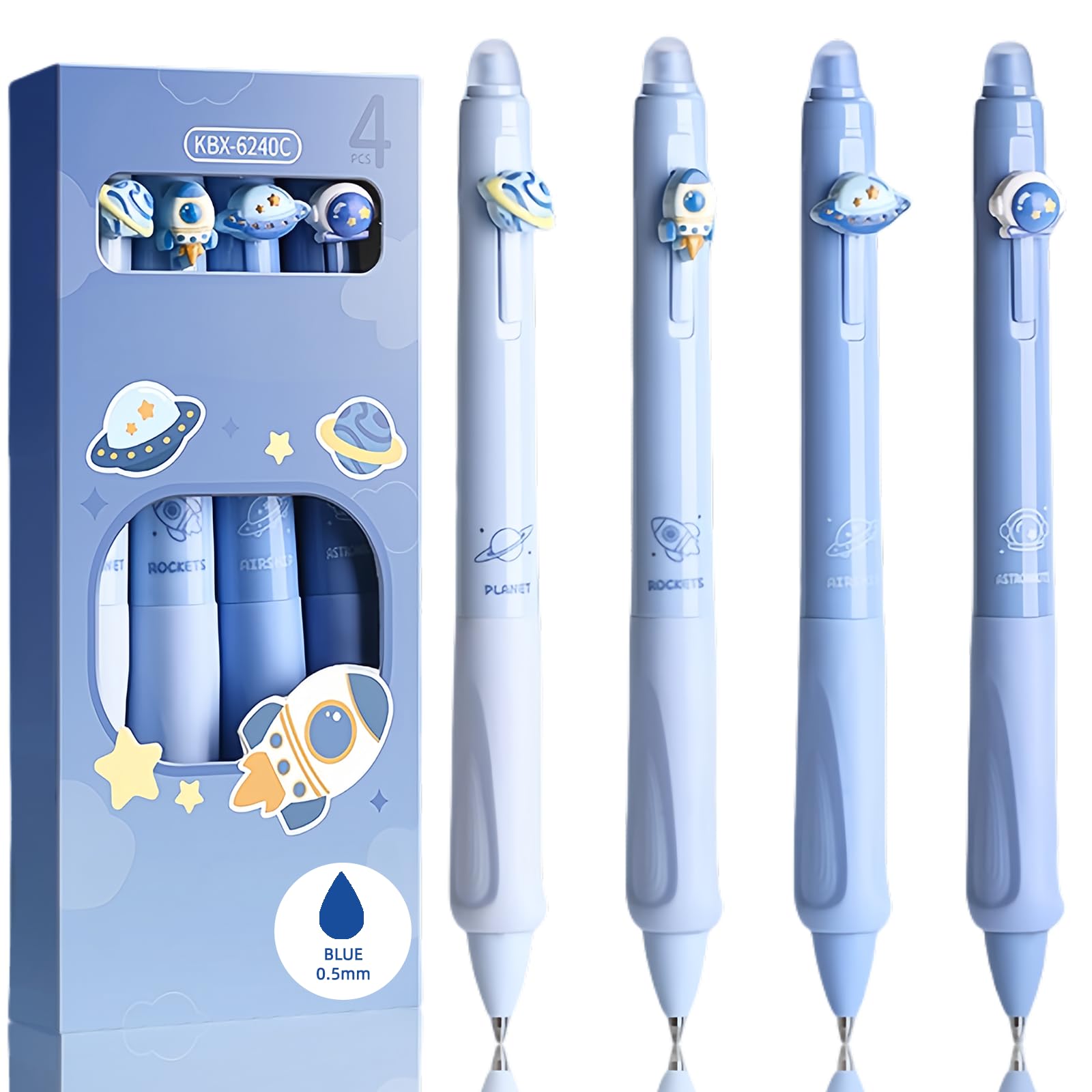 KCatsy Eraser Ballpoint Pen Set - 4 Pens, Blue Ink, 0.5mm, Space Rocket & Planet Design, Erasable, Ambidextrous