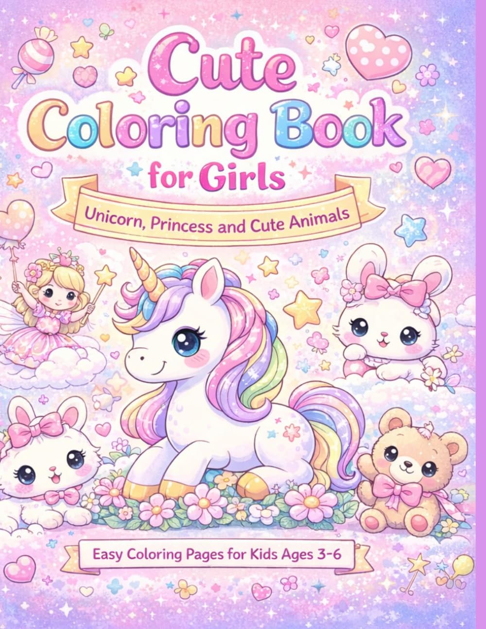 Cute Coloring Book for Girls: Unicorn, Princess and Cute Animals Easy Coloring Pages for Kids Ages 3–6