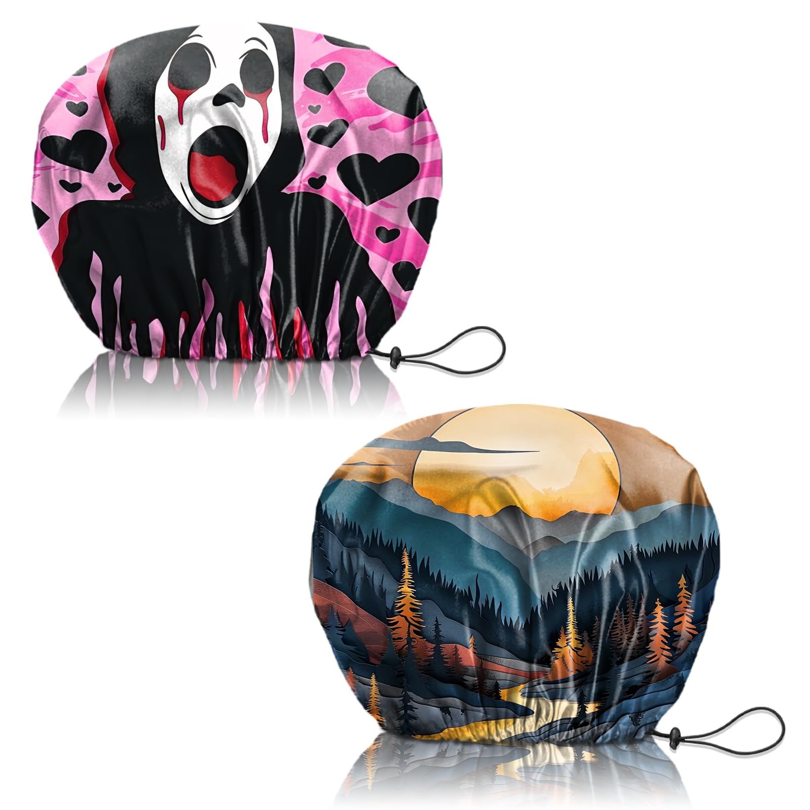 Deokke Duschhaube, 2 Stück wasserdichte Doppelschicht wiederverwendbar shower cap, verstellbar, elastisch, ästhetisch, niedlich Duschhaube für Damen (Q8-Sonnenuntergangsruf)