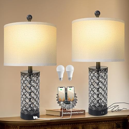 VELXEE Juego de 2 lámparas de mesa con control táctil, moderna lámpara de noche de cristal con 2 puertos USB, 4 vías regulables, marco de metal