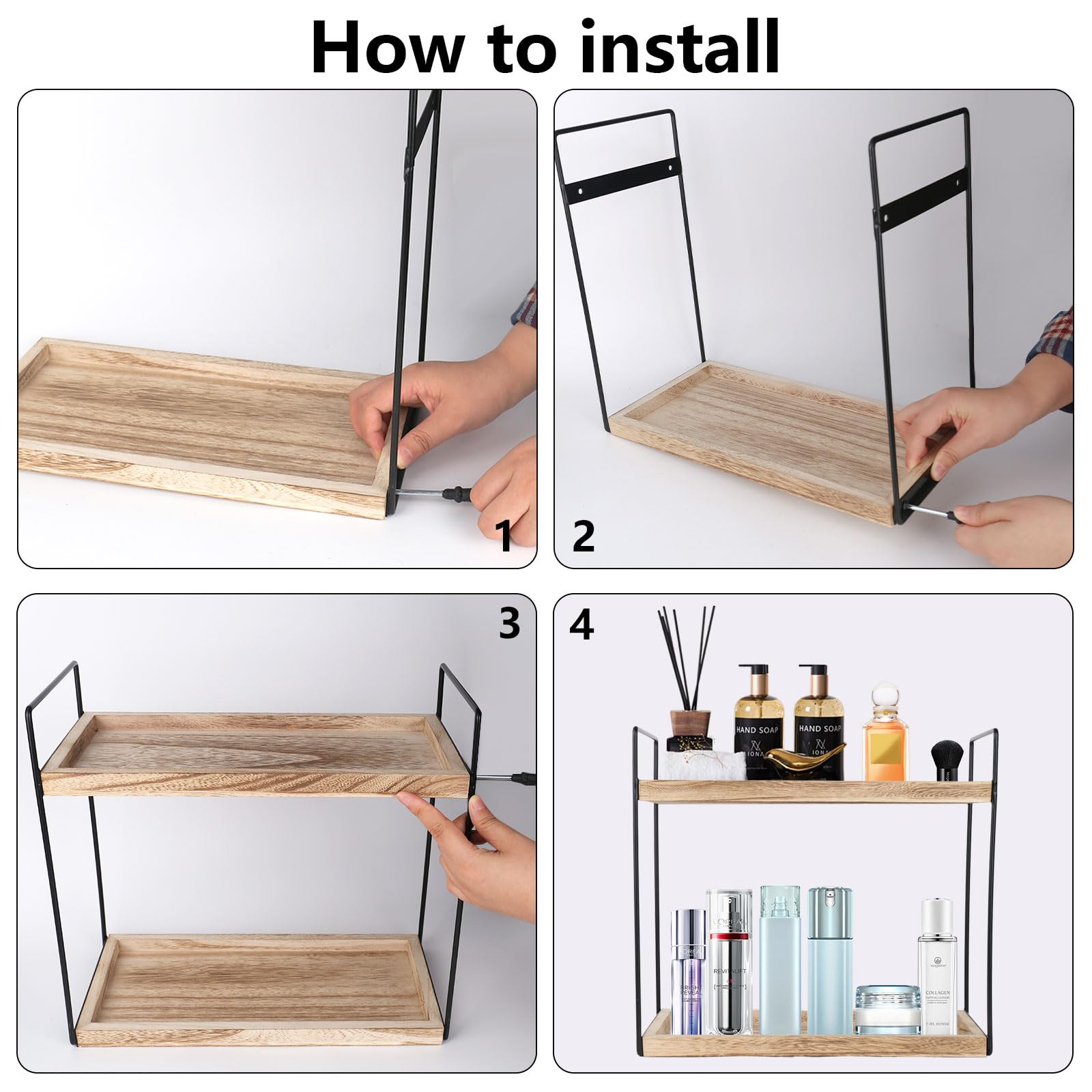 Standregal Badezimmer Organizer,Badregal Ohne Bohren 2 Tier Multifunktionales Gewürzregal Badezimmer Regal Holz Mit Metallgestell, Schreibtisch-Organizer Für Küche, Schminktisch