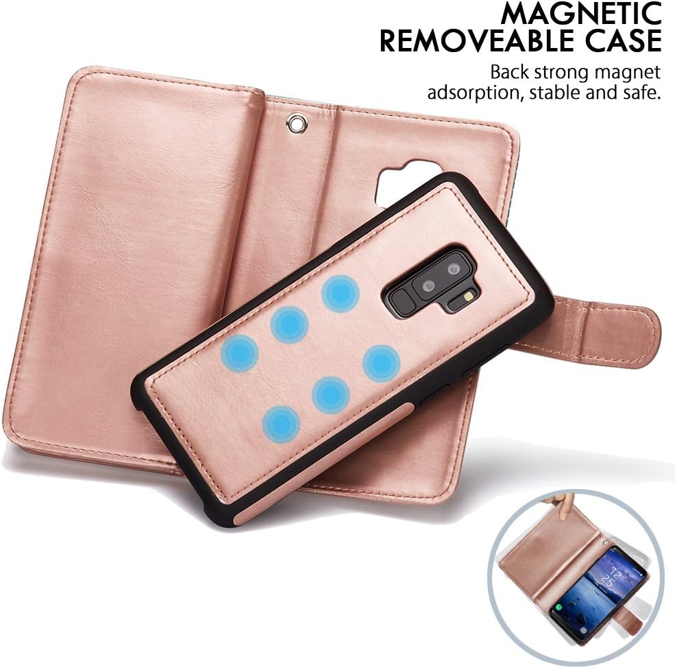 Galaxy S9 Plus Cases, Magnetic Detachable Lanyard Wallet Case with 9 Card Slots Holder, CASEOWL 2 in 1 Premium Leather Removable TPU Case Flip Wallet Case Cover for Galaxy S9 Plus (White&Rose Gold)