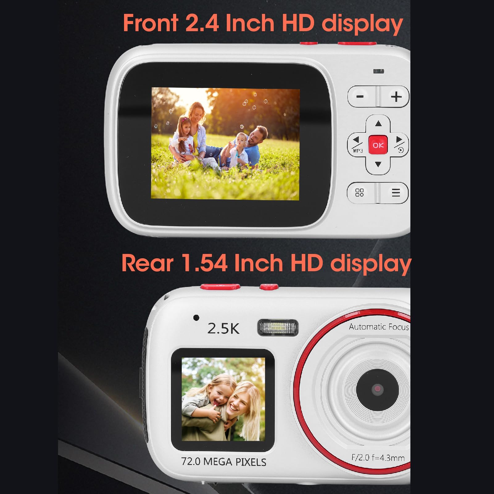 Fotocamera Digitale 2,5K per Fotografia, Fotocamera Selfie da Viaggio con Messa a Fuoco Automatica con Doppio Schermo, Fotocamera per Vlogging con Zoom Digitale 16X (SILVER)