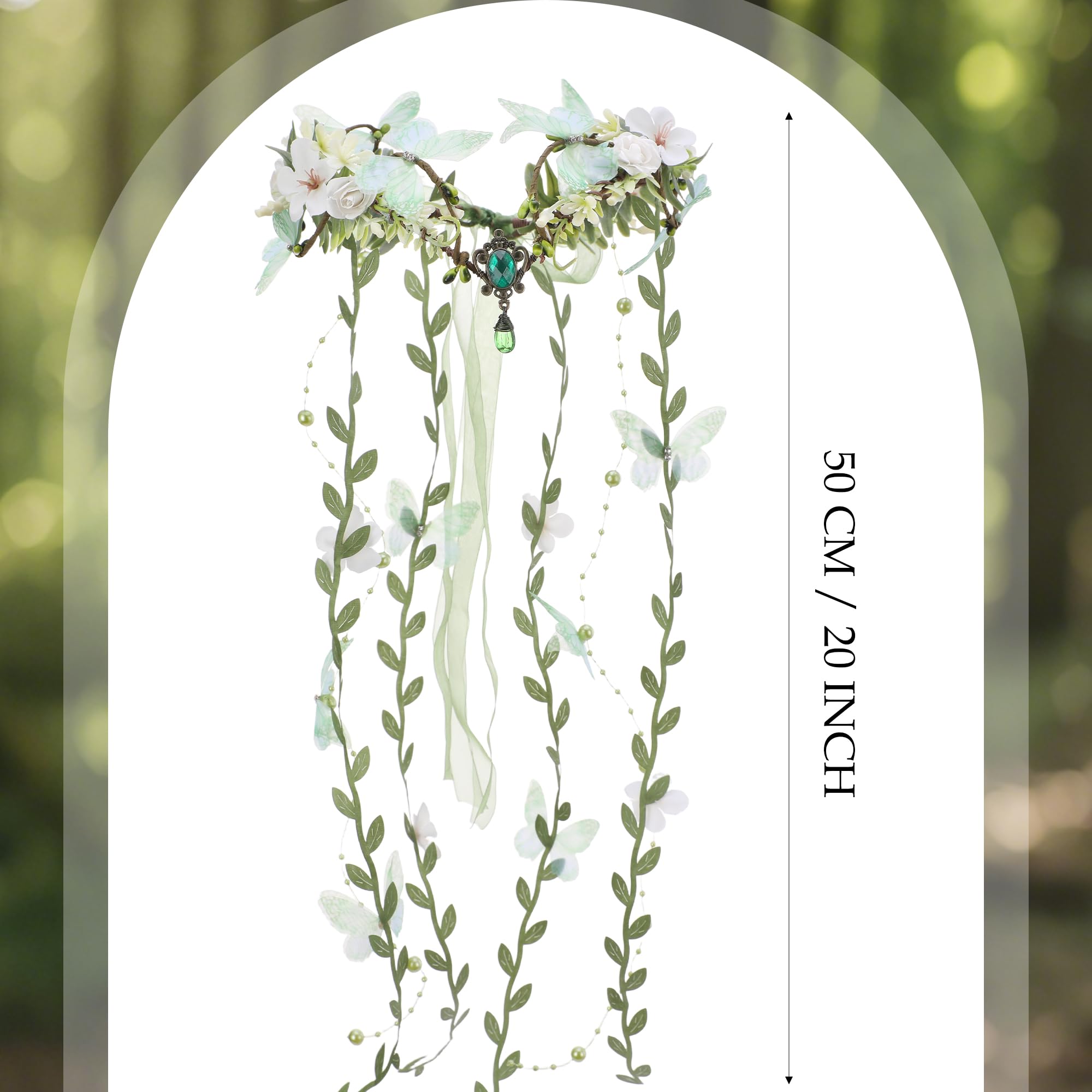 MOSTORY Couronne d'elfes - Bijou de tête de fée de la forêt - Costume de carnaval - Couronne de fleurs vert forêt - Elfe - Papillons - Compas floral - Forêt - Elfes - Esthétique - Pour femme