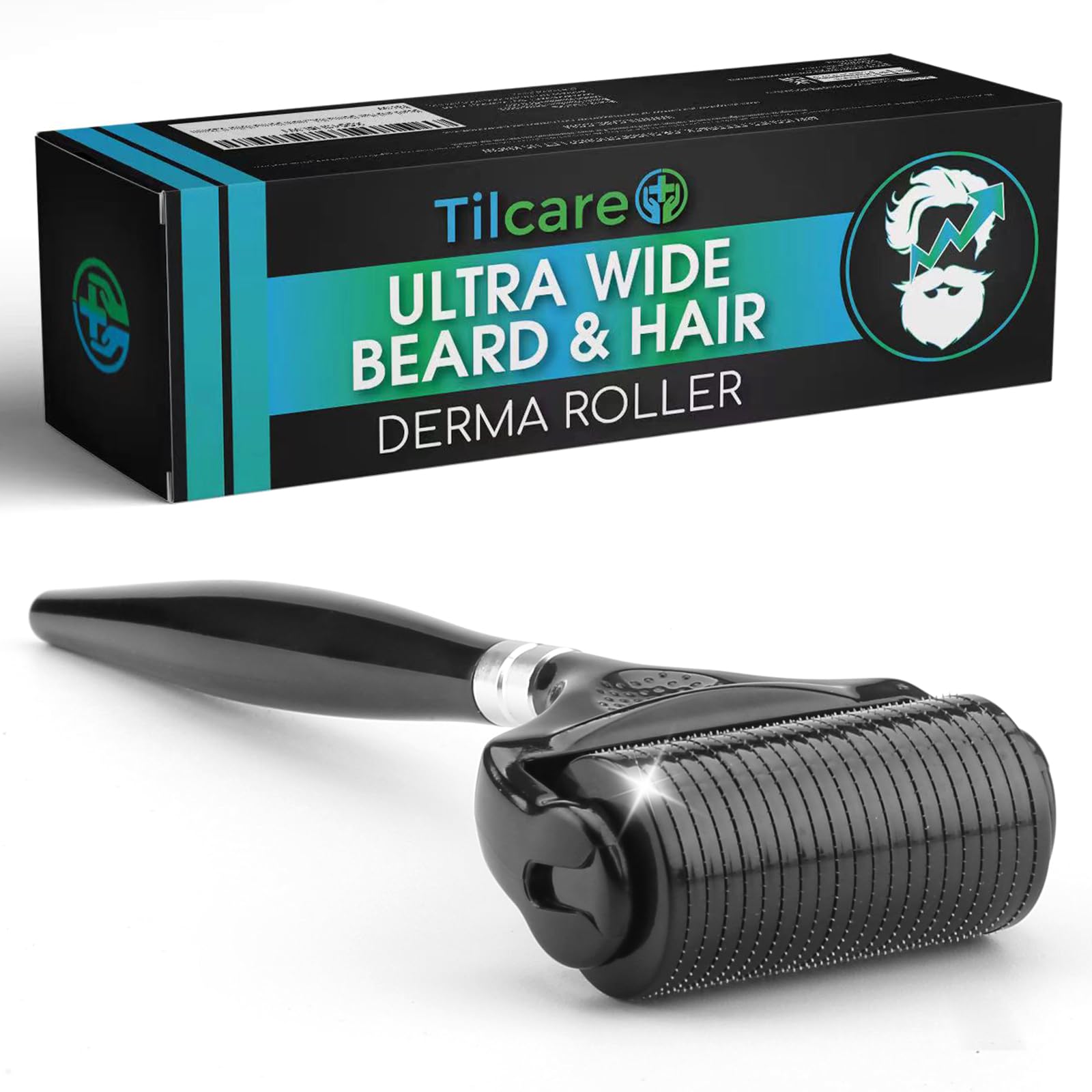 Beard and Hair Ultra Wide Derma Roller (1Pack) by Tilcare - Sterile 1200 Grade A Titanium Microneedles Titanium Derma Roller 0.25mm