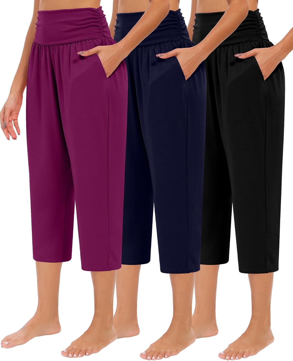 Neer 3 Pack Capri Pants for Women Casual Summer Lounge Yoga Pants Crop High Waist Loose Fit Sweatpants Pajamas with Pockets
