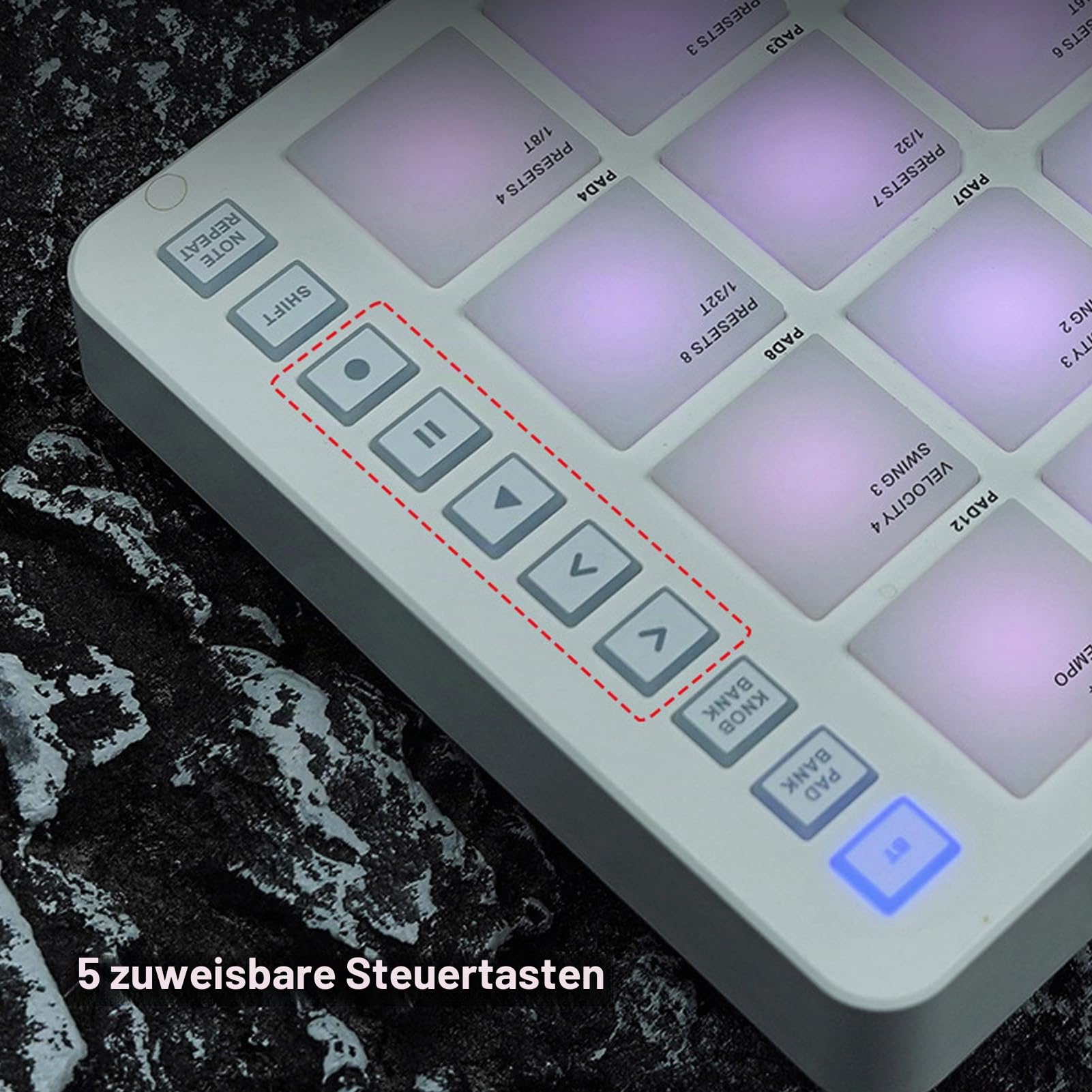 Drahtloser MIDI Pad Controller mit 16 RGB Anschlagdynamik Pads | 8 zuweisbare Drehregler Bluetooth Verbindung USB MIDI Ausgang Typ C Studio Bühne