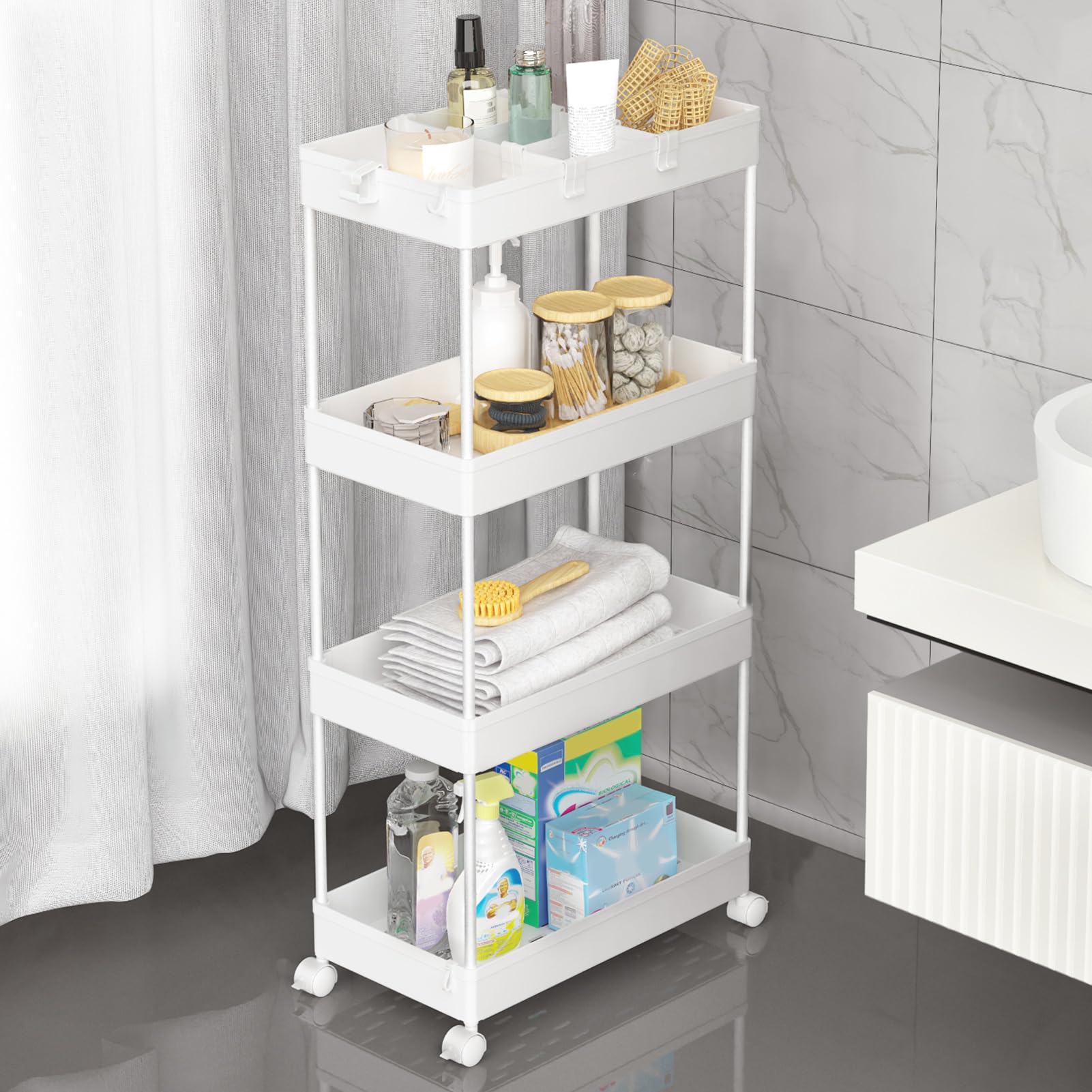 SPACEKEEPER Storage Trolley 4-Tier Rolling Utility Cart Slide Out Shelving Organization Shelf for Laundry Bathroom Kitchen with Two Small Containers & Hooks White