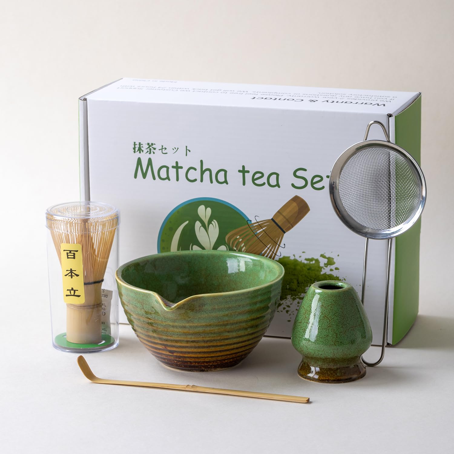Service traditionnel de cérémonie du thé matcha avec bol en céramique, fouet en bambou, support et passoire, 5 pièces (vert)