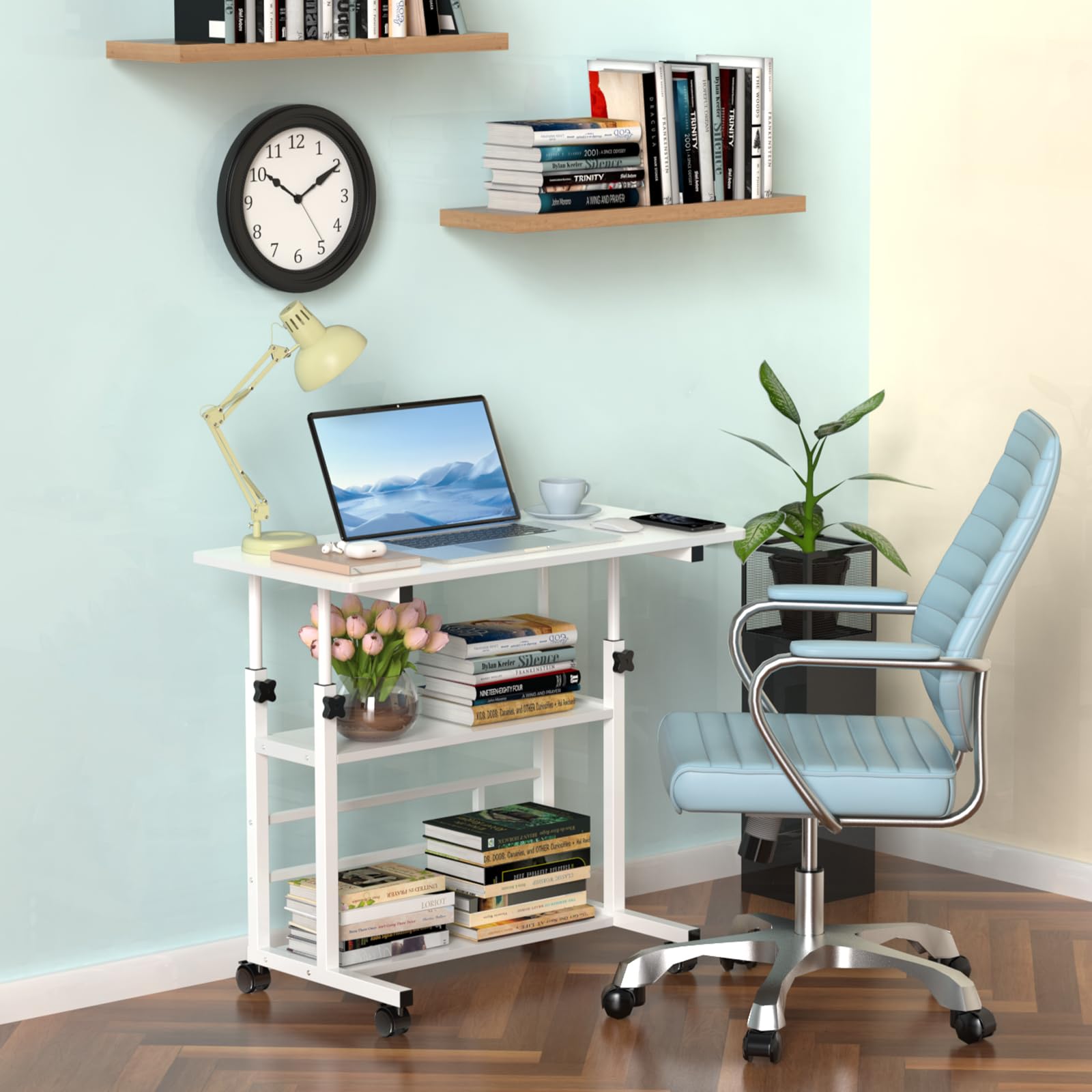 Escritorio de altura regulable 80 x 40 x 74,5 – 95,5 cm, mesa auxiliar móvil, mesa auxiliar móvil, mesa de escritorio con estantes para habitaciones, oficina en casa, mesa blanca