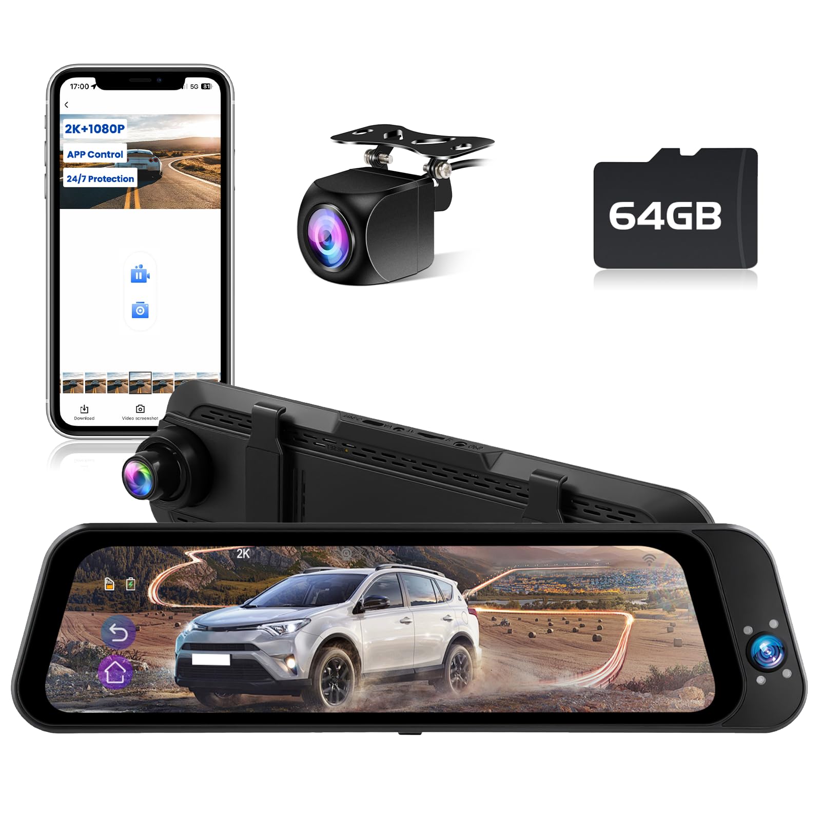 Specchio Retrovisore Auto 10 pollici Touchscreen, Posteriore e anteriore 2K Mirror Dash Cam Specchietto Retrovisore con Scheda 64 GB, Visione notturna grandangolare 150°, ADAS/GPS/G-Sensore