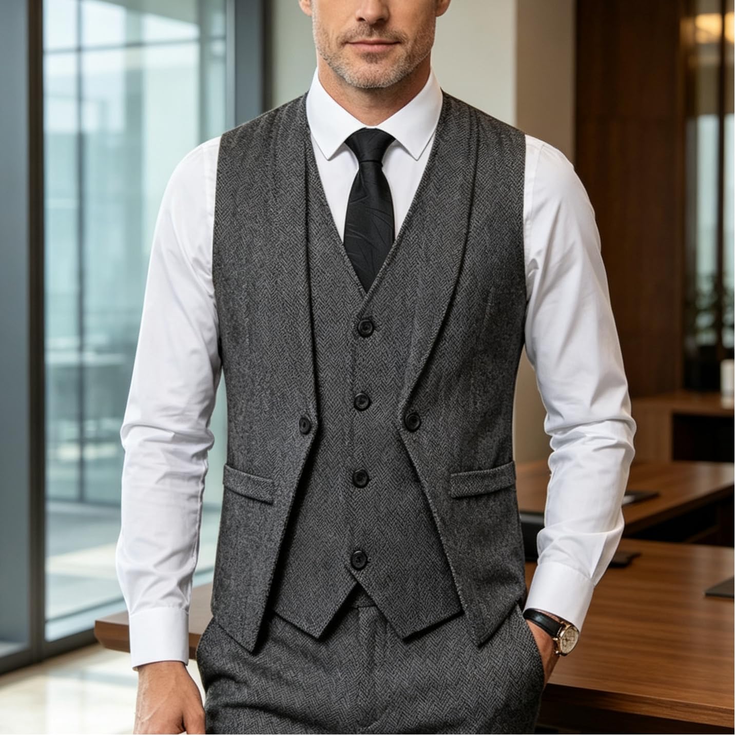 Generico Gilet Da Uomo In Tweed A Spina Di Pesce, Finto Completo A Due Pezzi, Con Tasche, Elegante Gilet Casual, Giacca Senza Maniche Vintage, Vestibilità Slim, Gilet Da Testimone Per Feste, Balli