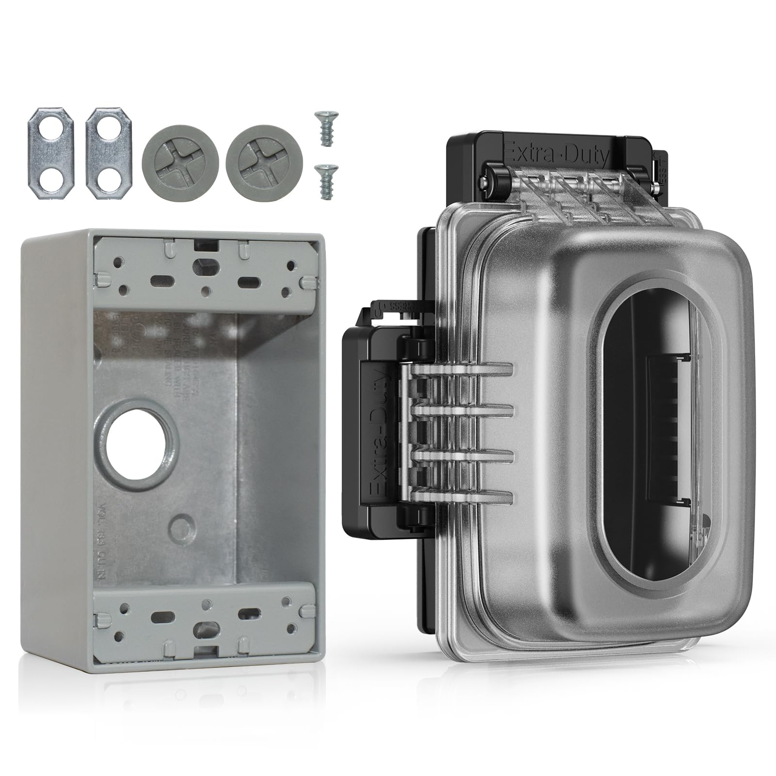 ELEGRP 1 Gang Weatherproof Exterior in Use Outlet Cover and Box Kit, Horizontal/Vertical Mount, Metallic Electrical Outlet Box, Heavy Duty in-Use Cover, UL/CUL Certified, 1 Pack