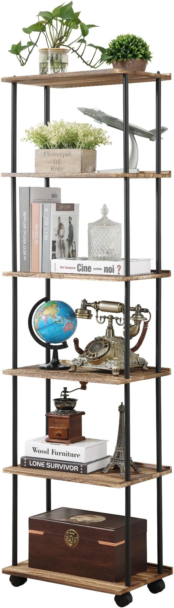 GETALL Small Bookcase with Wheels, 6 Tier Movable and Rotating Bookshelf for Small Spaces, Corner Bookshelf Storage Organizer for Home Office, Industrial Book Shelf for Kids, Bedroom, Living Room