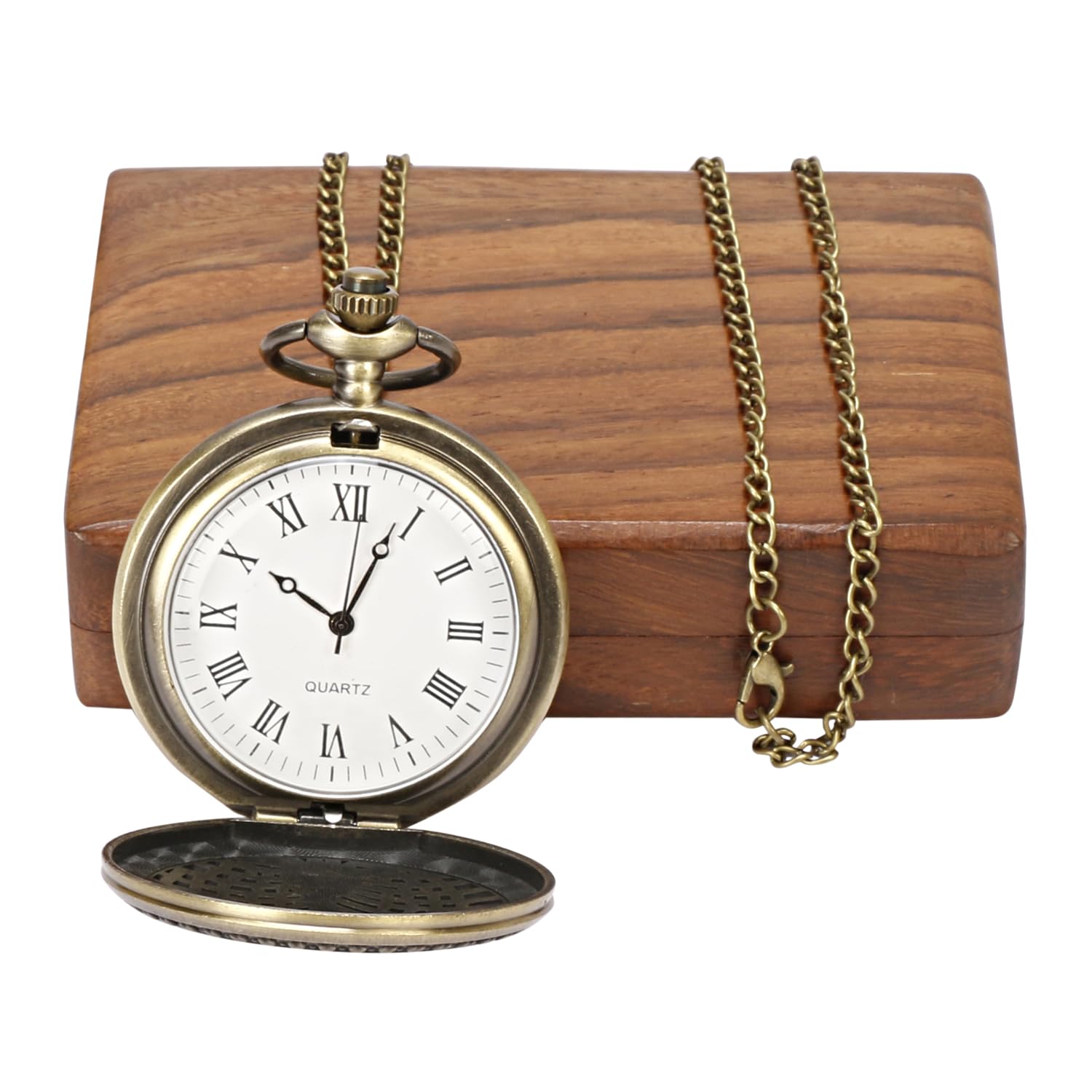 ARTVARKO Orologio da taschino in stile vintage, quadrante rotondo, quadrante al quarzo, con pavone inciso e catena lunga, numeri romani, con scatola in legno
