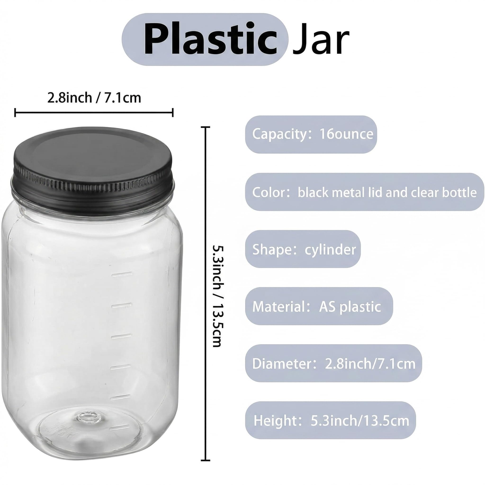 Novelinks Bocaux en plastique transparent avec couvercles noirs 473 ml 20 Pack