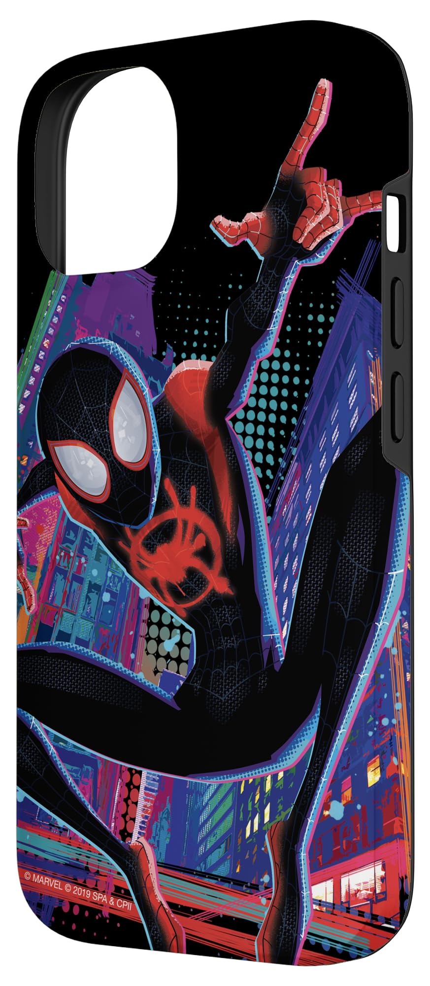 Custodia per iPhone 14 Marvel Spider-Man nella città di Spider-Verse Miles Morales