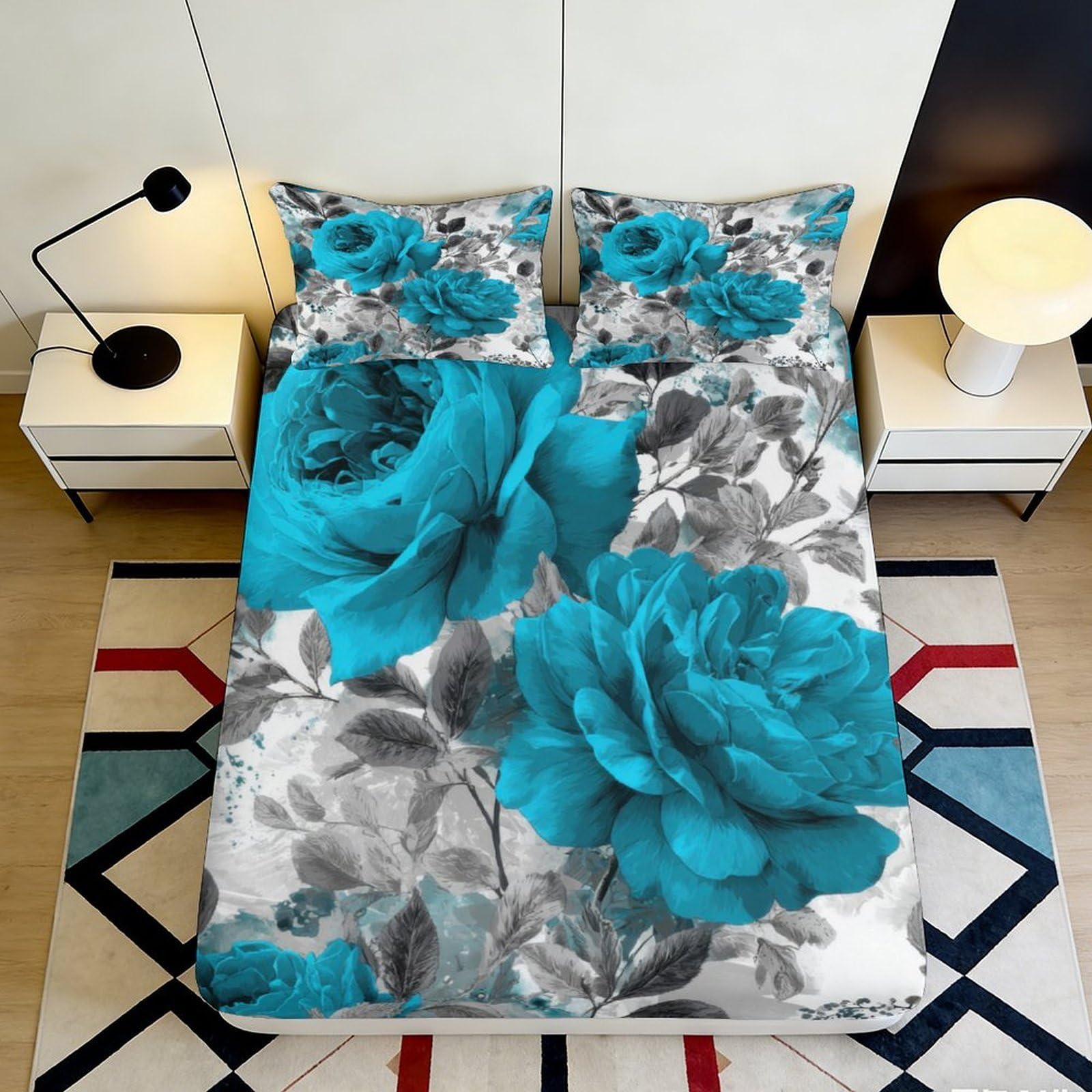 3D Printed teal rose Fitted Sheet for bedroom decor, Microfiber soft touch, wrinkle resistant, guest room bedding, dustproof, easy care 90x200x25cm