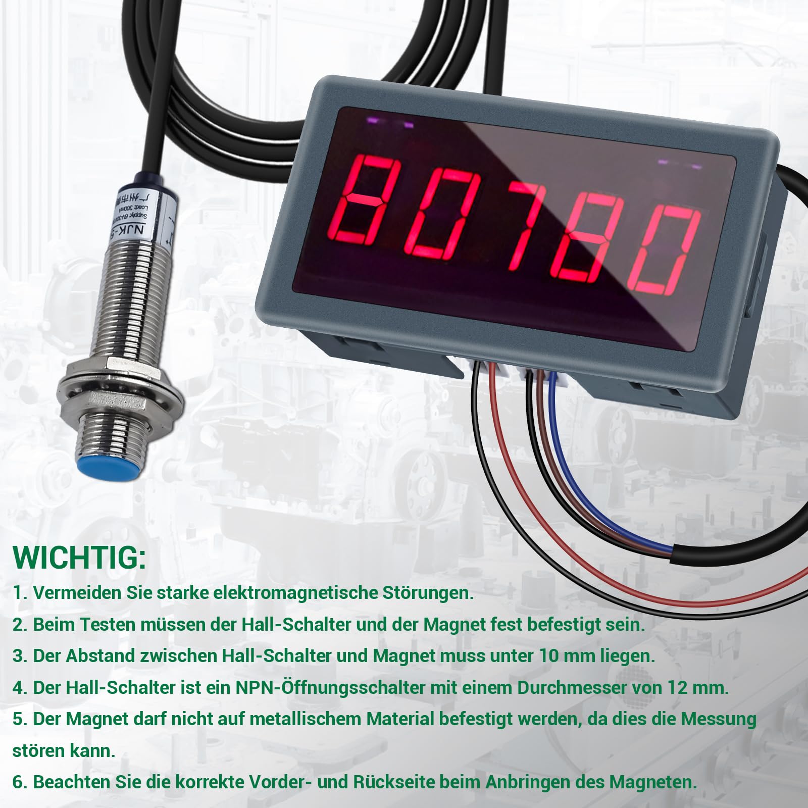 5-Bit Digitaler LED Drehzahlmesser, DC 5V-30V Drehzahll Messgerät, Motor-Tachometer, mit Unterstützung von Drehzahl/s-Modus, Frequenzteilung und Filterfunktion, Drehzahlmesser mit Hall-Nahfeld