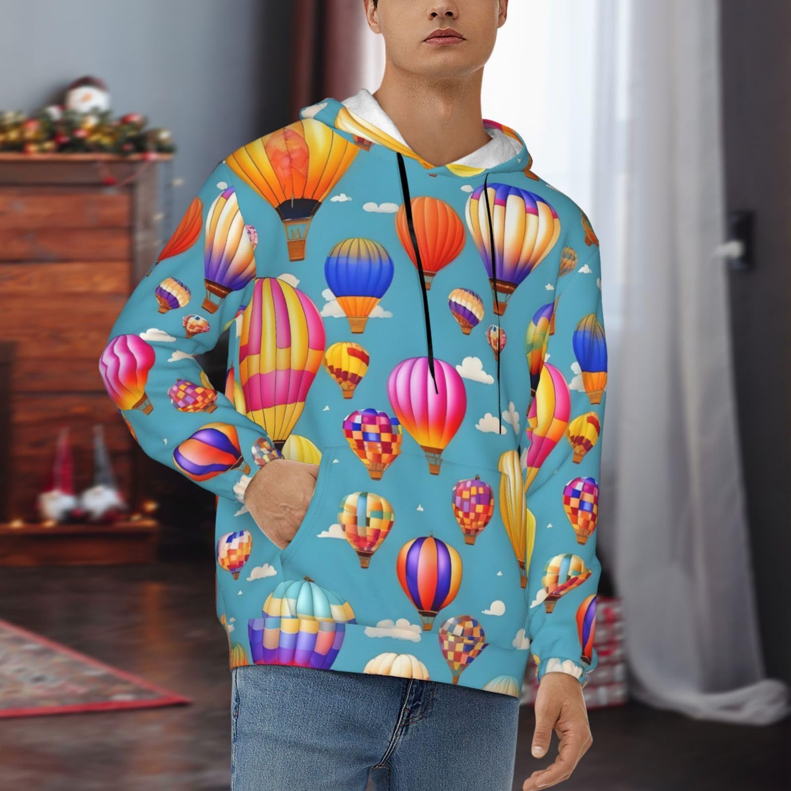 Męska bluza z kapturem z kolorowym nadrukiem balonów na gorące powietrze, casualowa grafika z nadrukiem bluzy z kapturem z kieszenią
