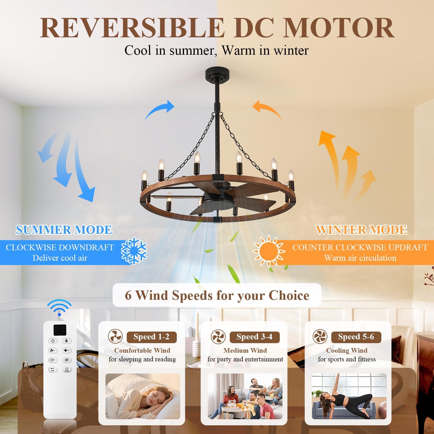 36in Wooden Wagon Wheel Chandelier Fans with Remote Control 12-Light Rustic Ceiling Fan Lights Farmhouse Bladeless Fandelier for Bedroom Dining Room Kitchen Living Room