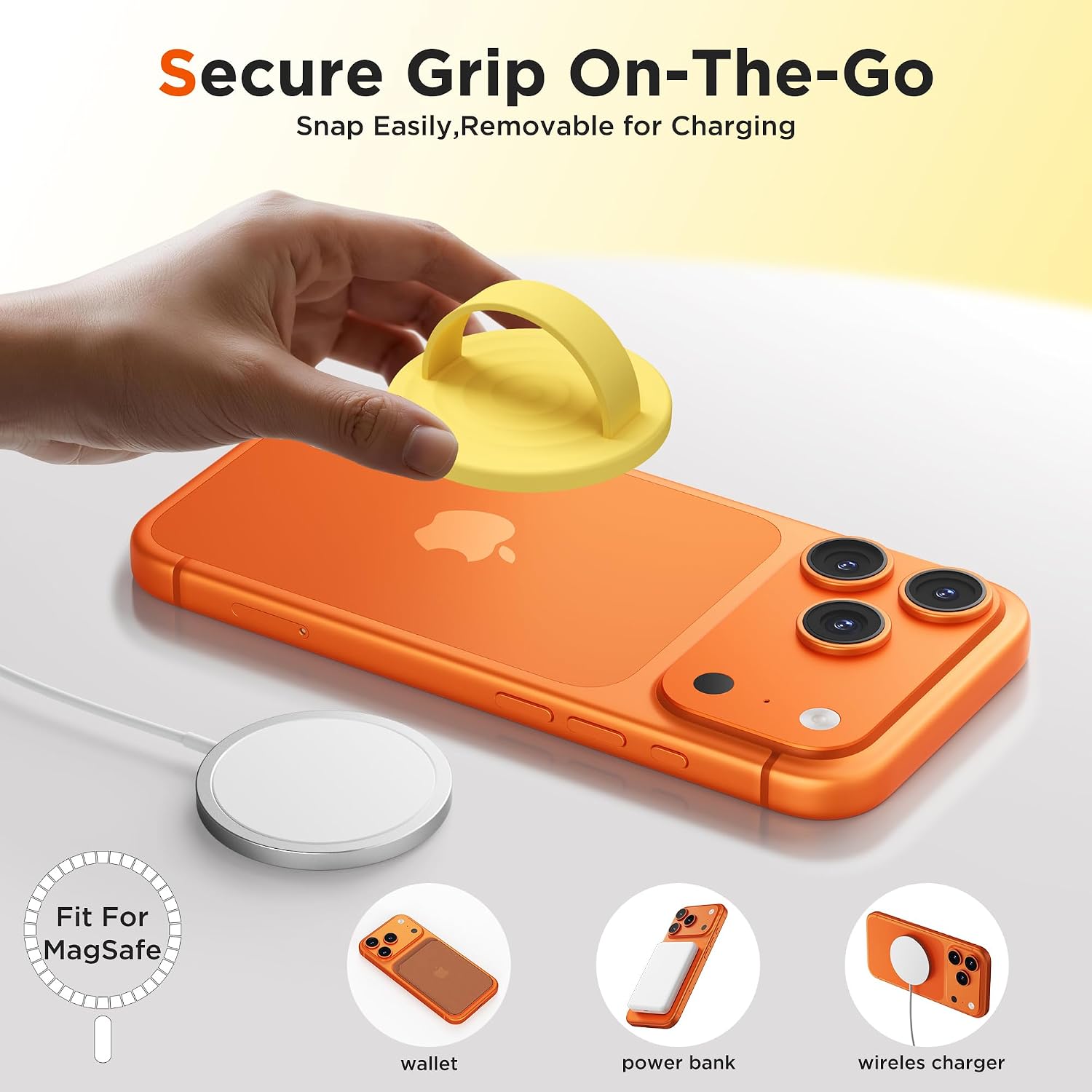 Magnetic Phone Grip Ring, Compatible with MagSafe, Upgraded Liquid Silicone for Secure Comfort, Rotating Finger Loop Ring Grip Holder for iPhone 17/16/15/14/13/12 Pro Max Plus, Yellow image 3