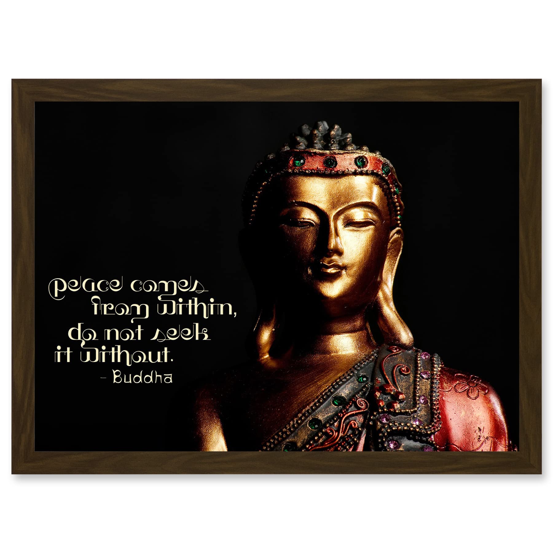 Artery8 Peace Comes From Within Buddha Statue Uplifting Quote Artwork Framed Wall Art Print A4