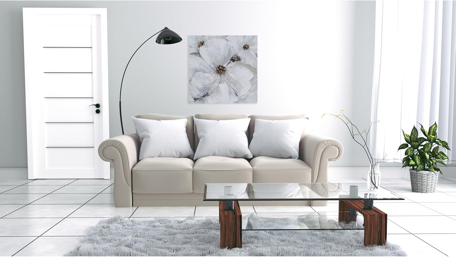 SYGALLERIER Abstract Flower Wall Art - Gray and White Floral Oil Painting with Gold Foil Embellishments - Handmade Canvas Wall Art 24x24 Inch