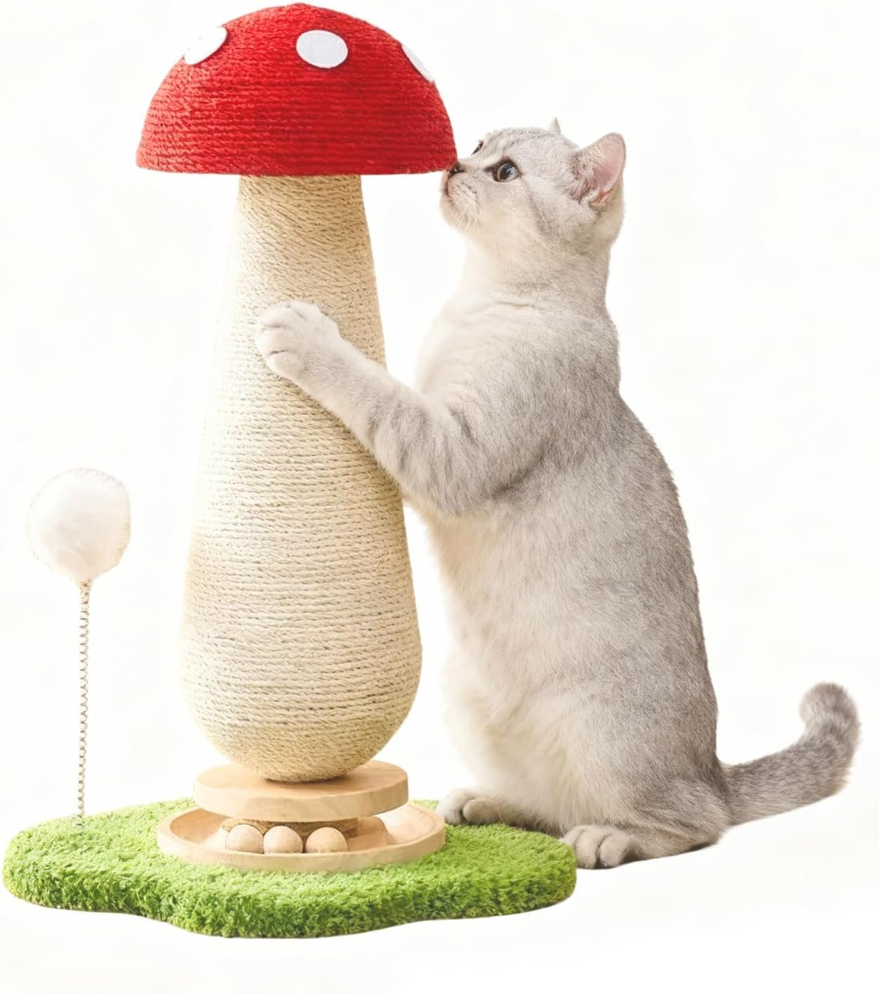 Mushroom Cat Scratcher Tower, Interactive Ball Track Spring Ball Cat Scratching Post, Sisal Kitty Activity Center for Indoor Cats & Kittens, Sturdy Wide Base 25.2 Inch - Red