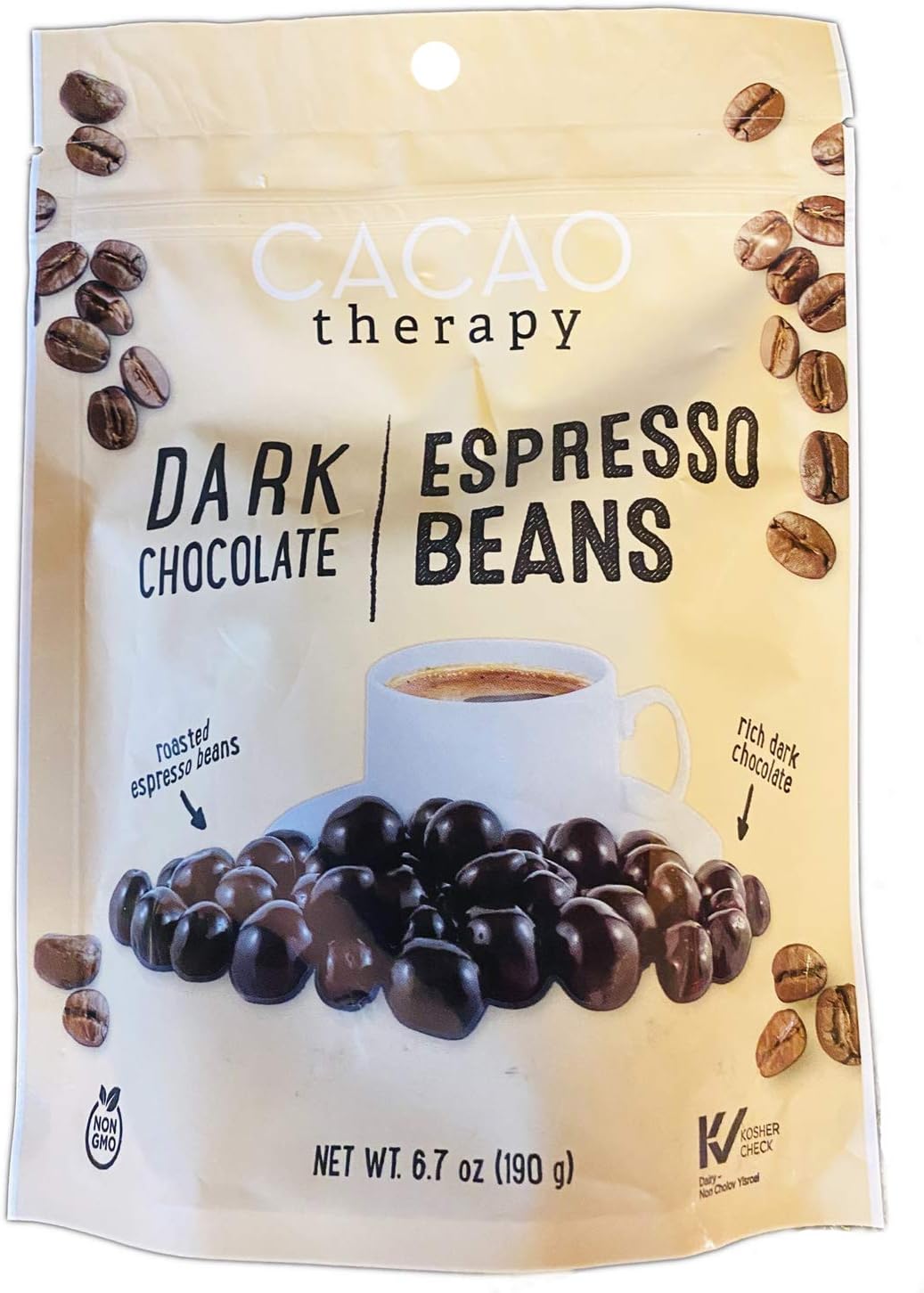Cacao Therapy Dark Chocolate Covered Espresso Beans 5.7 Oz! Made with Real Chocolate and Coffee Beans! Delicious, Sweet and Crunchy! Kosher, Non-GMO & Gluten Free! Choose Your Flavor! (Espresso Beans)