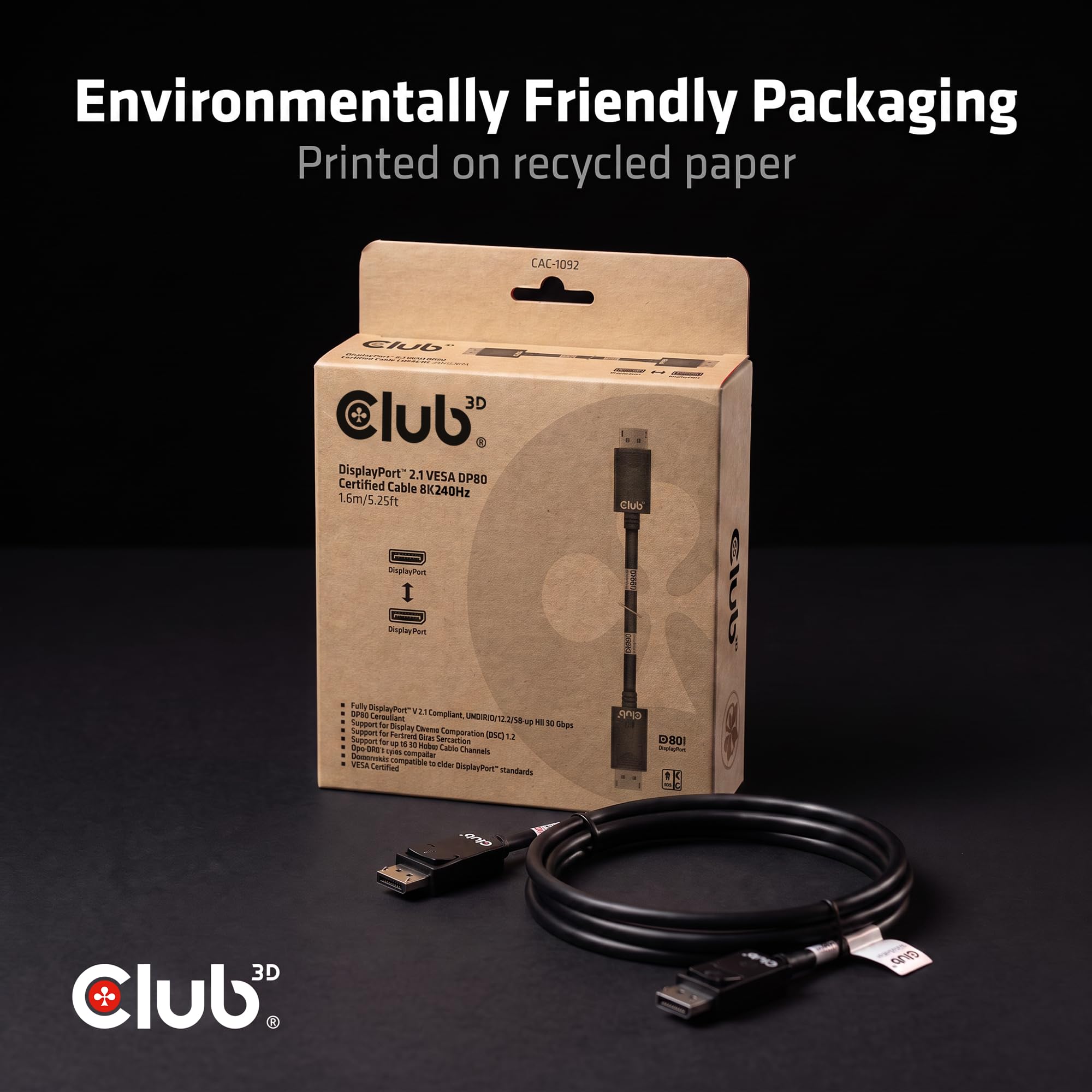 Club3D CAC-1092 DisplayPort™ 2.1 Câble bidirectionnel certifié VESA DP80 4K240Hz, 8K60Hz ou 10K60Hz M/M 1.6m