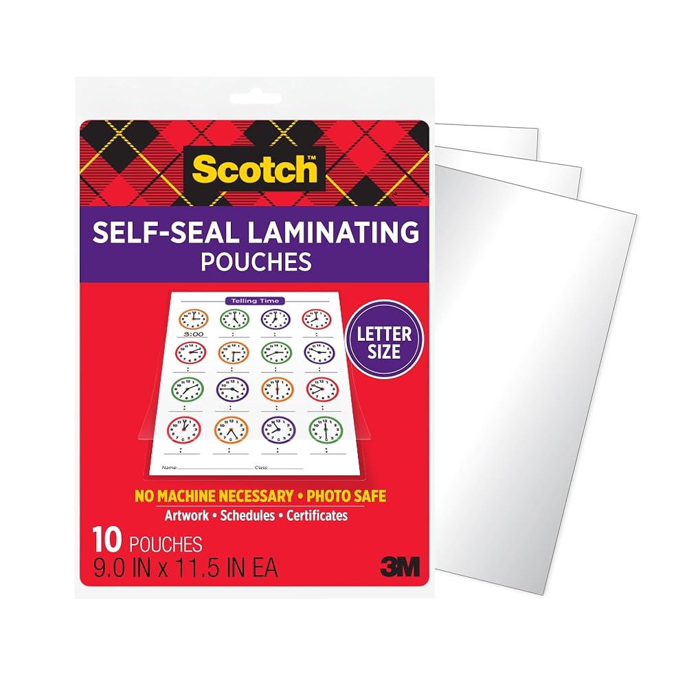 Scotch Self-Sealing Laminating Pouches, Letter Size 8.5×11″ (9×11.5″ Pouches), 10-Pack – Clear, Photo Safe, No Laminator Needed for Home, Office or Classroom
