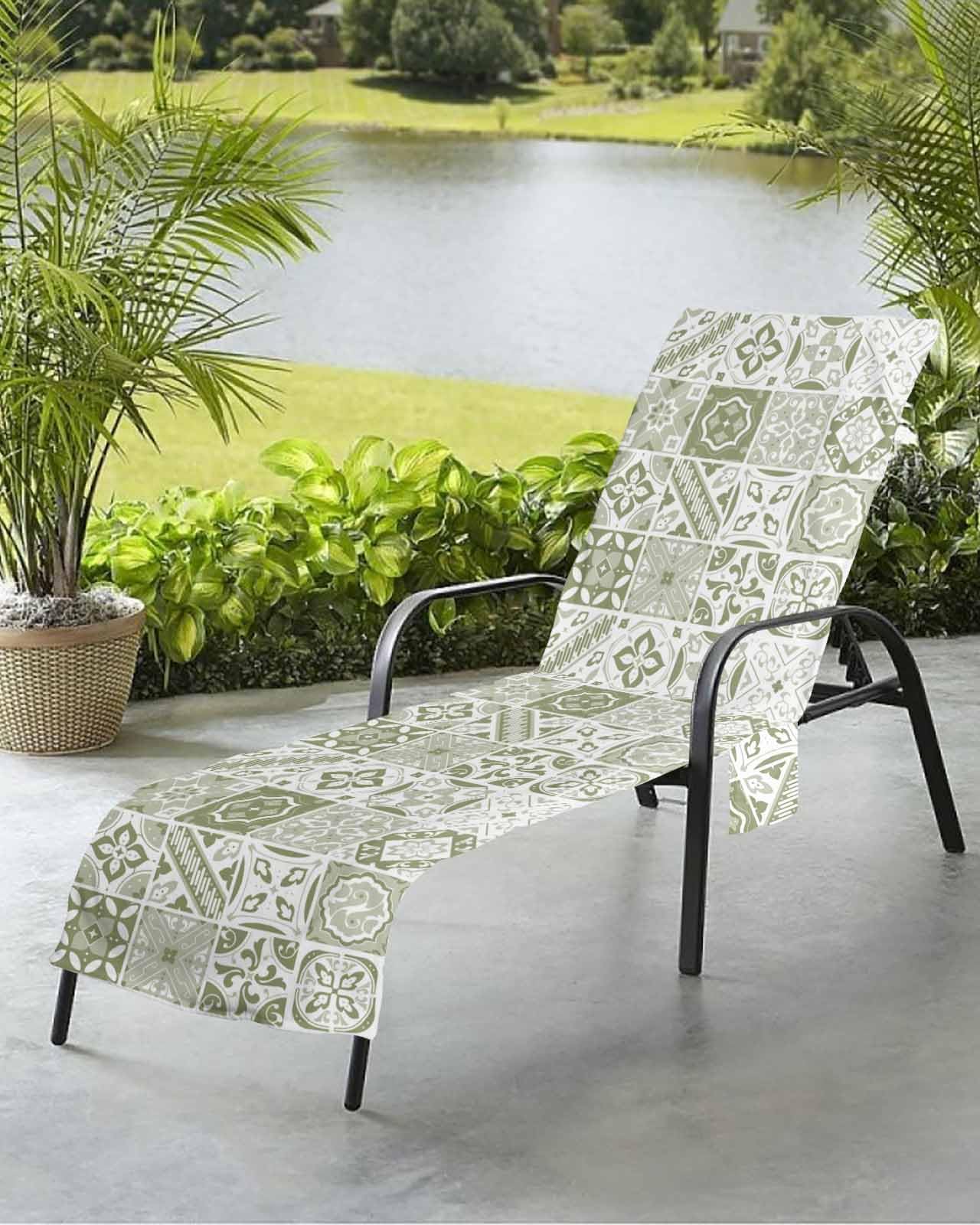 Beach Pool Patio Lounge Chaise Chair Cover Towel with Pockets,Sage Green Flower Absorbent & Quick Dry Microfiber Towel Cover Bag Summer Travel Accessories Boho Morocco Tiles Modern Bohemian Mosaic