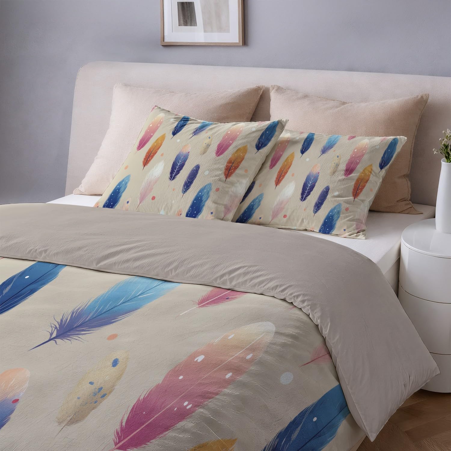 Soft to Touch Comfort Multicolor Fantasy Bedding Set Simple Elegant Feather Easy Care Microfiber for Teen Duvet Cover 260 x 240 cm