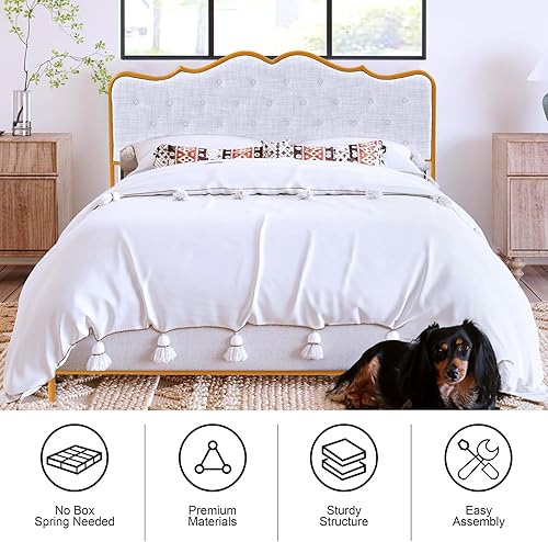 Miniatura 6 de Base de cama de plataforma tapizada tamaño Queen con cabecera curvada y detalles de diamante copetudo, soporte de listones de madera, no necesita