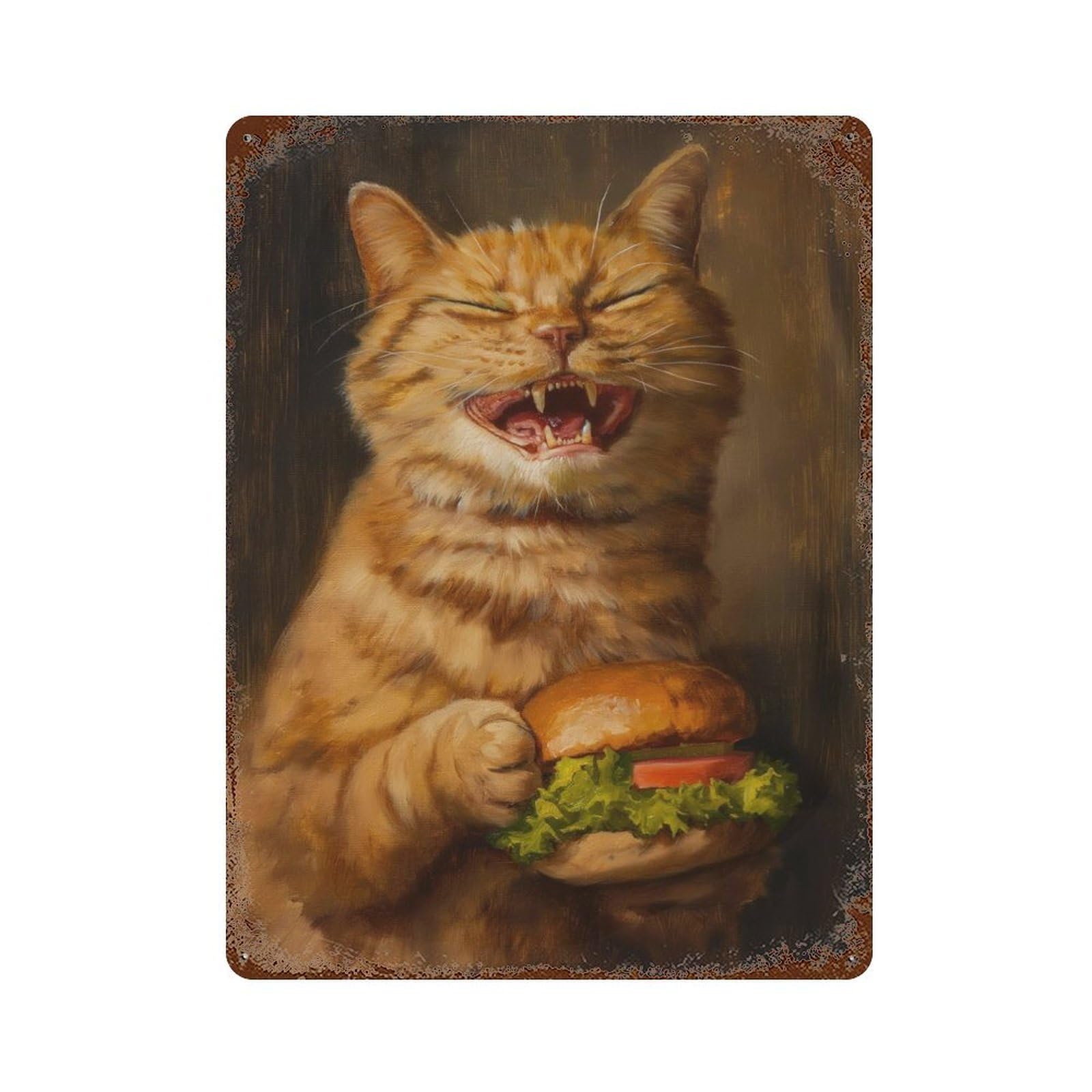 Evil Happy Cat Burger Vintage Wall Sign 15.7"x11.8", Rust Effect Metal Decor for Living Room, Hallway And Home Decor