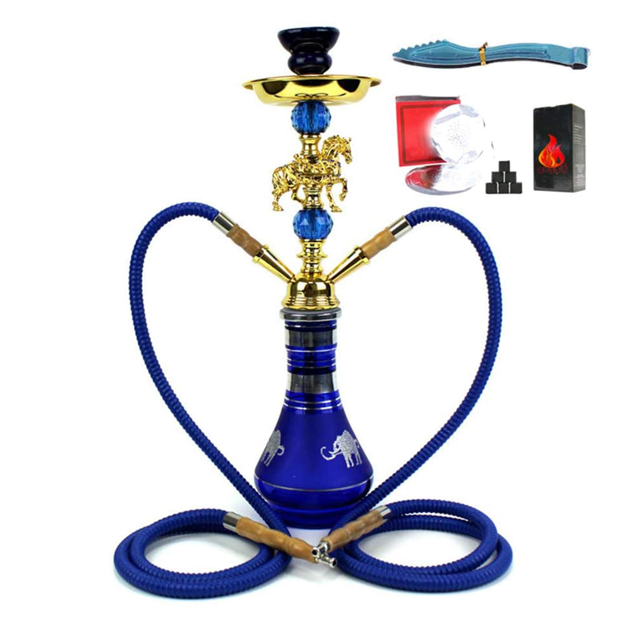 Juego Narguile Lujo 20" 2 Mangueras Kit Premium Narguile Jarrón Vidrio Cuenco Cerámica Pinzas para Carbón Escultura Caballo Narguile para Fumar Shisha Narguile