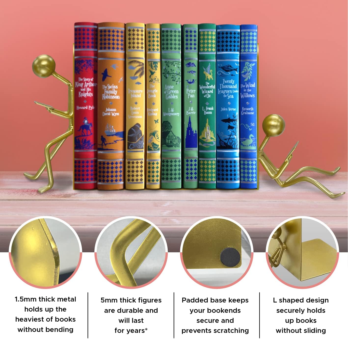 Ottimo Heavy Duty Metal Unique Office Desk Bookends for use as Bookshelf Decor, Home, Office or Kitchen Shelves. Unique, Cute and Decorative Book Stopper to Hold Books, Great Gift Idea (Gold)