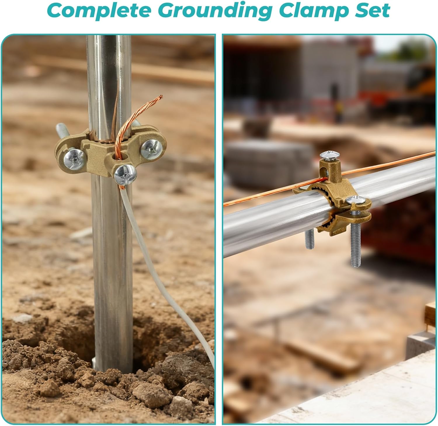 Copper Ground Clamp Set, Includes 2 Pipe/Conduit Clamps (1/2”–1”), for Ground Wire, Rebar & Water Pipe Connections