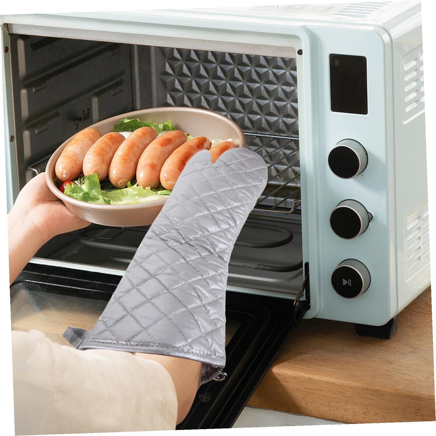 1 Paar Ofenhandschuhe aus Polyester Baumwolle Hitzebeständig für Küche | Ergonomisches Design, Multifunktionale Nutzung, Silberfarben, für Air Fryer und Backen