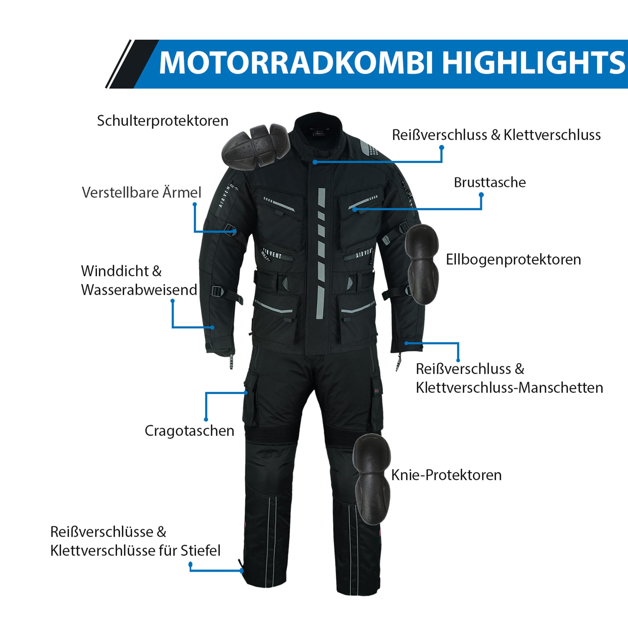 BULLDT Herren Motorradkombi Textilien motorradjacke + Motorradhose inkl. Protektoren, 58/3XL, Schwarz
