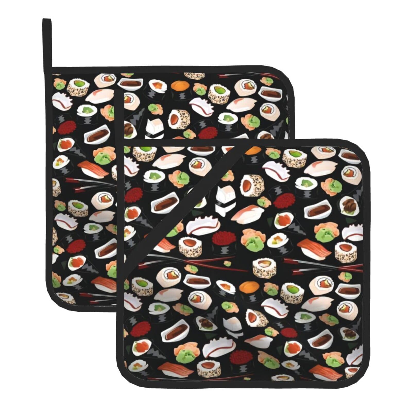 WHJSHOP Japanese Sushi Black Prints Square Hot Pads for Kitchen Counter - Thick Heat Resistant Trivets for Microwave & Oven, BBQ Grilling Cover (2 Pack)