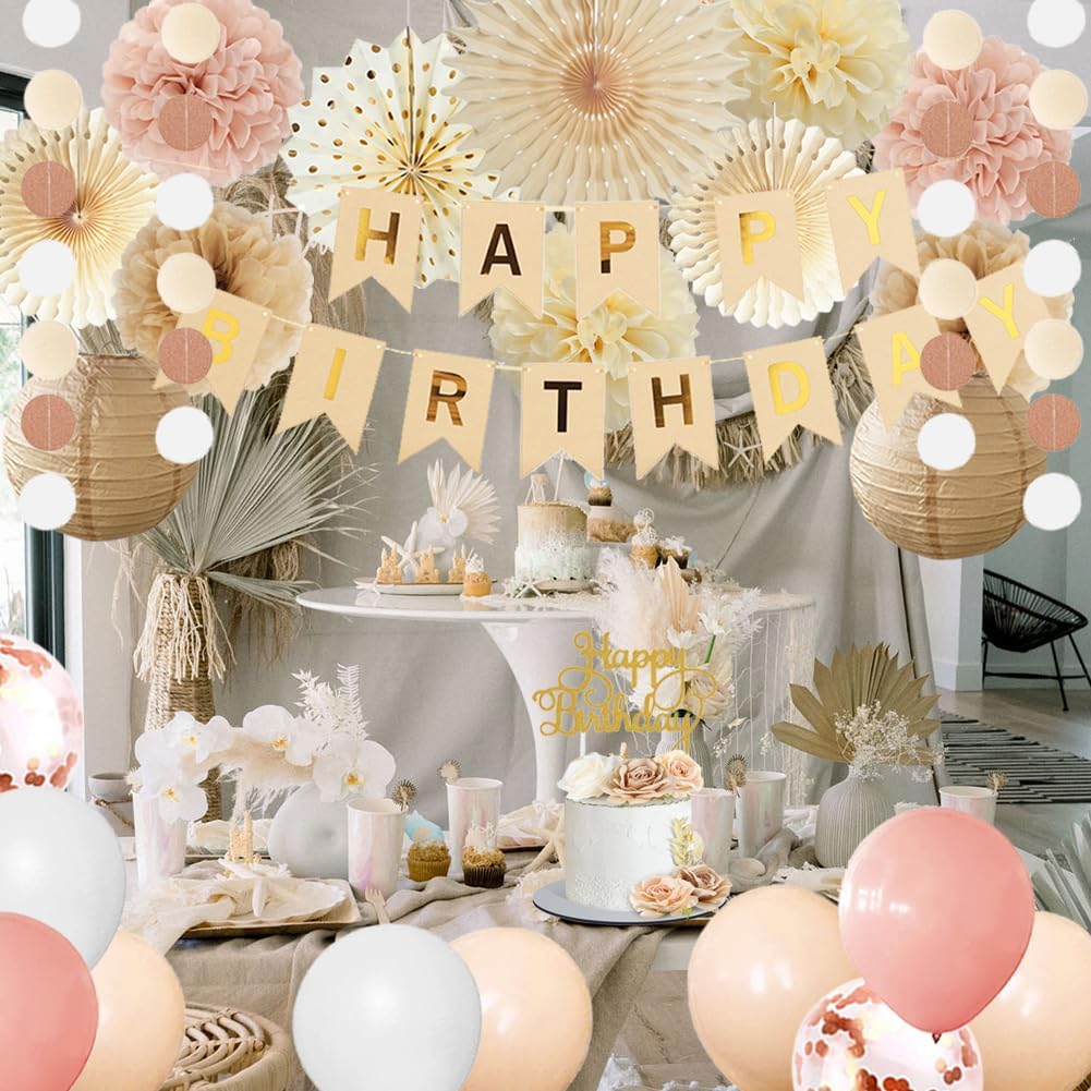 Champagne Gold Beige Fall Boho Birthday Decorations for Women Girls Beige and Pink Birthday Decorations Neutral Blush Dusty Pink Balloons Happy Birthday Banner Tissue Paper Pom Poms Fans Lanterns - Image 4
