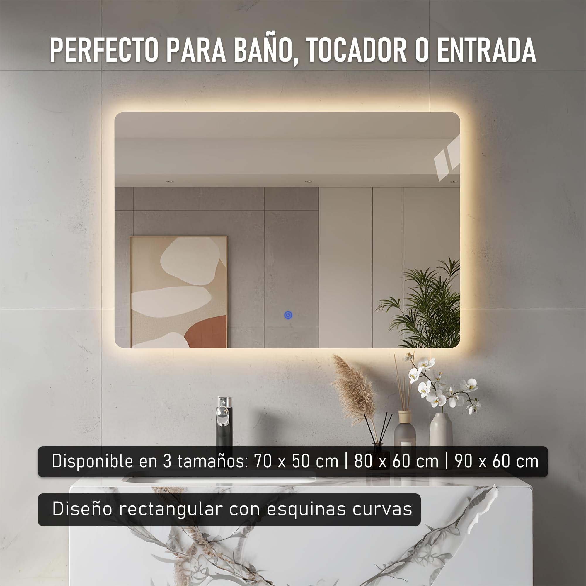 Espejo de Pared Decorativo con Luz LED Regulable 3000K/4000K/6000K【70x50 cm】 Diseño Rectangular, Función Antivaho con Interruptor Táctil e Instalación Fácil