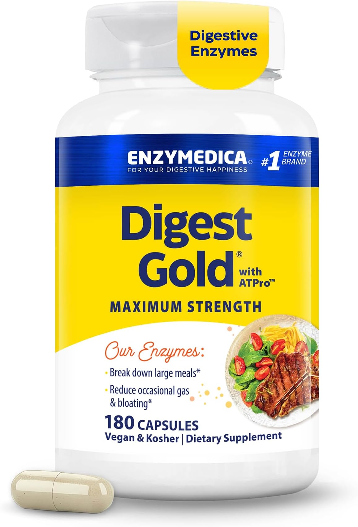 Enzymedica Digest Gold - Digestive Enzyme Supplement for Women & Men, Enzyme Capsules for Digestion, Gut Health Support, Helps Gas & Bloating, ATPro Energy Support, Maximum Strength, Vegan - 180 Caps
