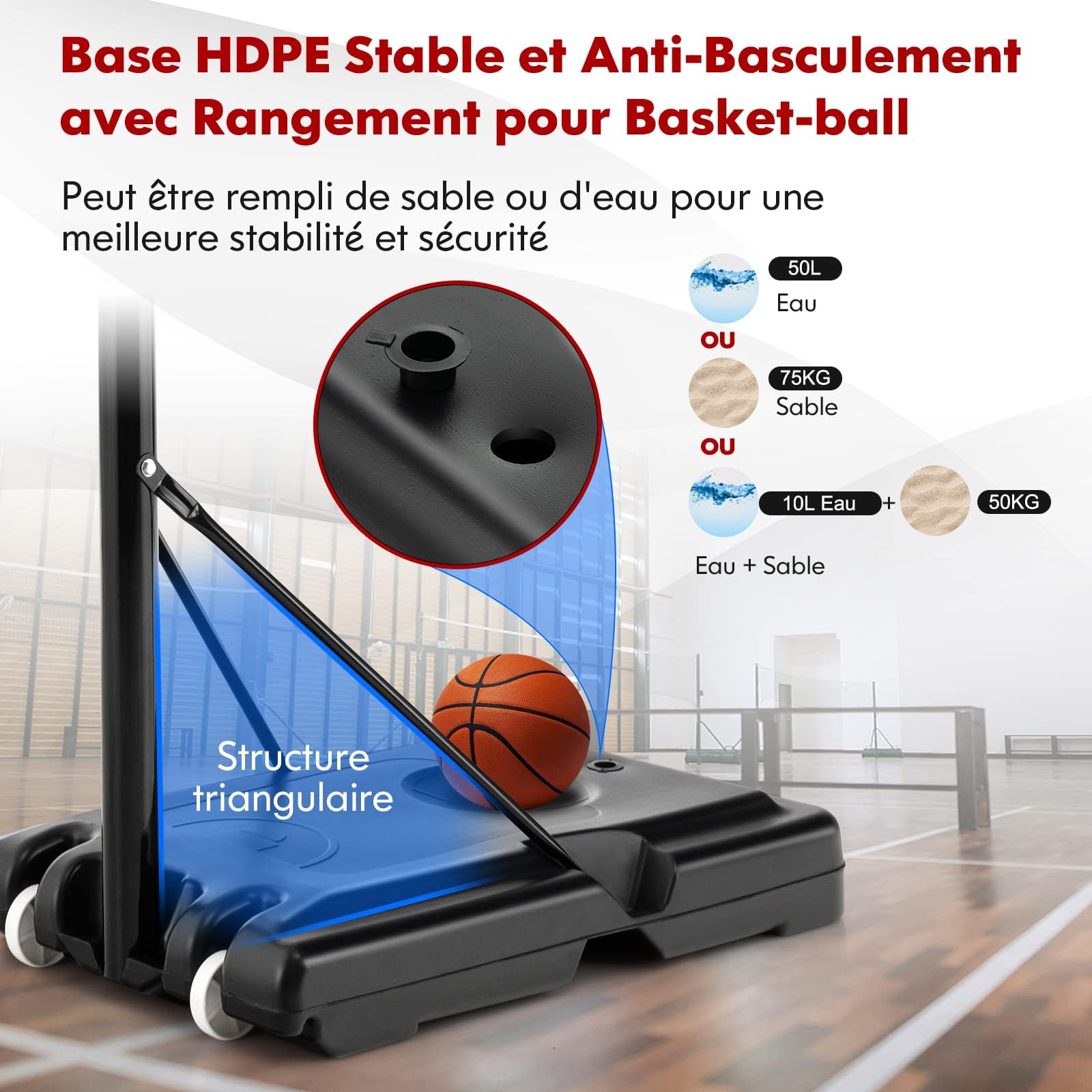 GYMAX Panier Basket Extérieur pour Enfants Adultes, Hauteur Réglable 135-305CM, Mobile avec Roues, Base Remplissable, 2 Filets Fournis, Panneau Arrière Incassable