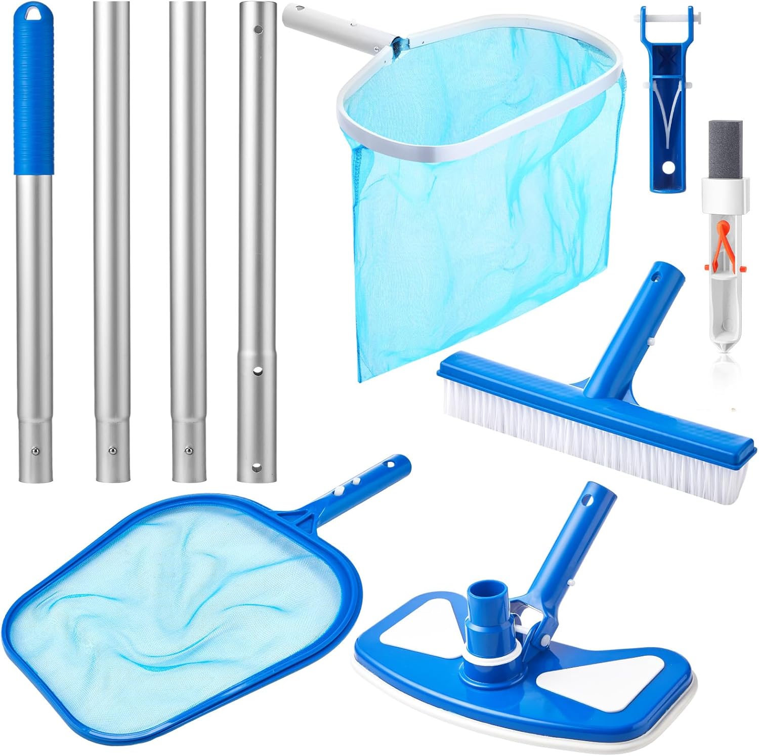 5 Pieces Swimming Pool Cleaning Kit 17.5” Pool Brush Head with 47” Telescopic Aluminum Pole Hot Tub Pool Leaf Skimmer Net Pool Vacuum Head Pool Pumice Stone with Handle for Pools Spas