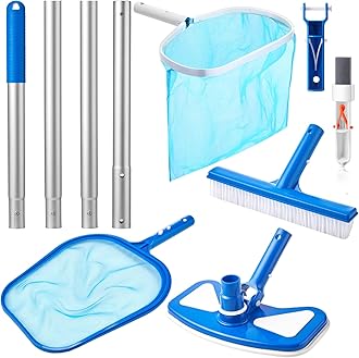 5 Pcs Swimming Pool Cleaning Kit 17.5'' Brush Head with 47'' Telescopic Aluminum Pole and Leaf Skimmer Net Vacuum Head Pumice Stone with Handle for Above Ground Pool Spa Hot Tub Maintenance